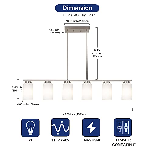Todoluz 6-Lights Farmhouse Pendant Light Fixture Kitchen Island Lights With Opal White Glass Shade, Hanging Ceiling Light In Brushes Nickel For Dining Room Home Lighting #TOP3