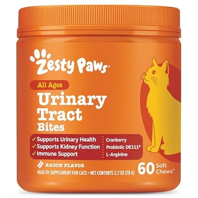 Zesty Paws Cranberry Urinary Tract Bites for Cats - Kidney & Urinary Tract Health - Soft Chews with D-Mannose, Vitamin B6 & L-Arginine - Immune & Gut Support - Bacon - 60 Count