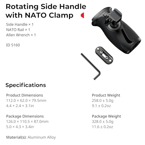 Image of SMALLRIG Push-Button Rotating Side Handle with NATO Clamp, for Left and Right Hand, 360 Rotatable Side Handle with Anti-Slip Silicone, Max. Load 15Kg