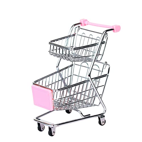 Yeooyoor Mini Shopping Cart, Mini Supermarket Shopping Cart, Metal Double Layer Trolley Toy, Desktop Storage Shopping Cart Model Decoration (Pink Toy Shopping Cart) #TOP3