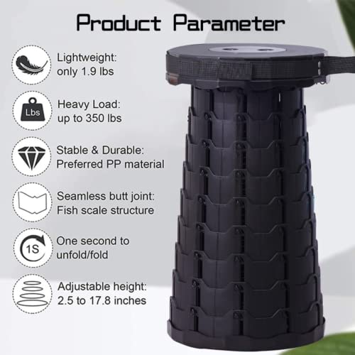 Hs168 Upgraded Retractable Folding Stool, Collapsible Portable Stool With Seat Cushion & Nylon Bag, Telescopic Stool With Adjustable Height, Max Load 400Lb (Black) #TOP3
