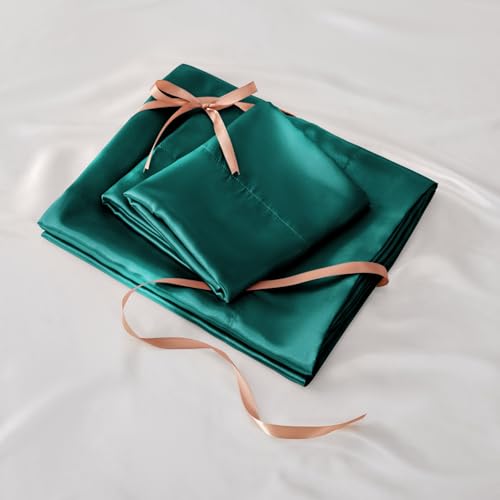 BEDELITE Satin Fitted Sheet and Pillowcases Set, Luxury Soft Similar to Silk Bottom Bedsheet with Elastic Corner Straps, Deep Pocket up to 15 Inch, 1 Fitted Sheet and 2 Pillowcases(King, Teal)