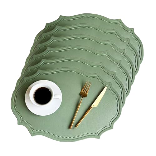 Leather Washable Placemats, Thick Faux Leather Heat Resistant Oval Shape Table Mats,Waterproof Non-Slip Easy to Clean Place mat for Kitchen Coffee Dining Room Table (Pea Green, 16.93 * 11.81inch)