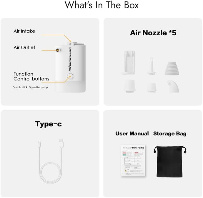 Miniatura 6 de THE WEEKEND Bomba de aire portátil para inflables con linterna de campamento, bomba de colchón de aire pequeña de 3 kPa con batería recargable de