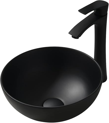 VASOYO - Fregadero redondo negro con grifo y drenaje, combo de fregadero redondo de baño de 13 x 13 pulgadas, fregadero de cerámica de porcelana,