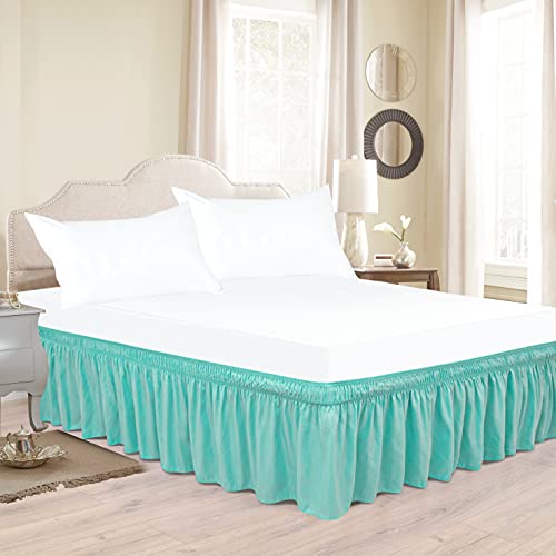 Biscaynebay Wrap Around Bed Skirts For Queen Beds 15 Inches Drop, Aqua Elastic Dust Ruffles Easy Fit Wrinkle & Fade Resistant Silky Luxurious Fabric Solid Machine Washable #TOP2