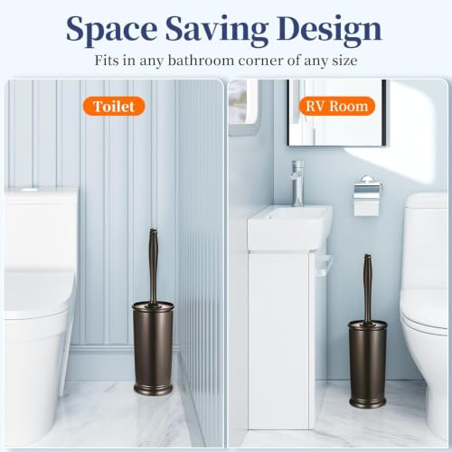 Image of HAMITOR Toilet Bowl Brush Holder Set: Classic Round Bristle Head Deep Cleaning Cleaner Scrubber with Tall Caddy for Restroom - Home Bathroom Decor Accessories - Bronze 3 Pack