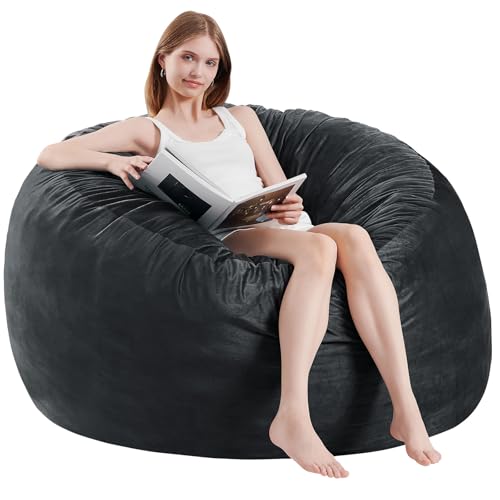 ILPEOD Bean Bag Chairs for Adults - Memory Foam Furniture BeanBag Chair - Kids/Teens Sofa with Soft Micro Fiber Cover - Round Fluffy Couch for Living Room Bedroom College Dorm - 5 ft, Carbon Black