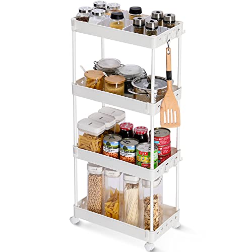 kingrack Carrito de Almacenamiento Delgado de 4 Niveles con Ruedas, 22 cm de Ancho, Carrito de Utilidad Deslizante para Cocina o Sala de Estar, Lugares Estrechos, etc., Blanco