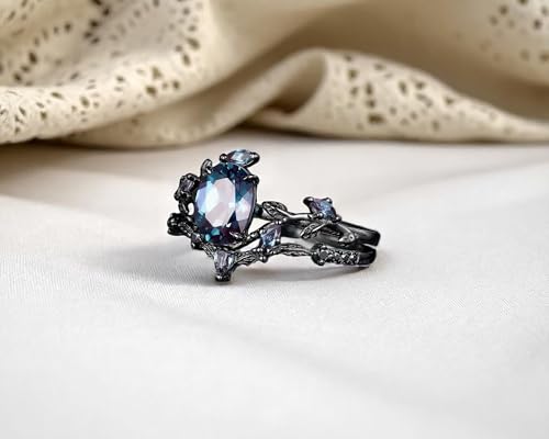 Vintage Black Gold Oval Alexandrite Engagement Ring & Twig Branch Wedding Band Set, Gothic Leaf Bridal Ring in Rhodium Plated Jewelry3