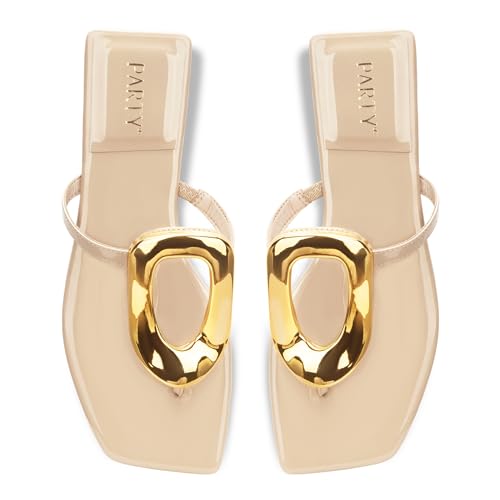 Image of PARTY Square Toe Flip Flops Women,Fashion Designer Thong Sandals with Gold Buckle Trendy Summer Comfort Flat Sandals