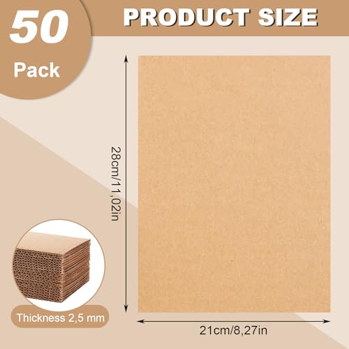 AKOLAFE 50 Blätter Wellpappe Naturkarton 2,5mm Dickes Pappe zum Basteln 28x21cm Bastelkarton DIN A4 Dreistufig Cardboard Glatt Packpapier Papier zum Drucken für Geschenke, Verpackung,Basteln (Braun)