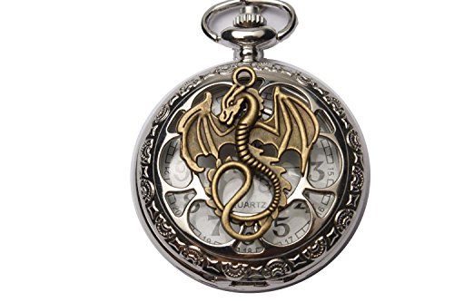 Honggui Ancient Silver Dragon Pocket Watch Necklace, Winged Dragon Pendant, Unisex-Adults