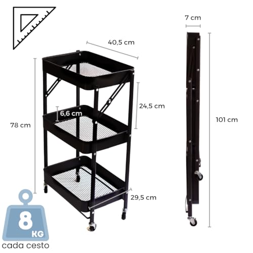 Carrinho Multiuso Dobrável Deslizante 3 Cestas 100% Metal (Branco)