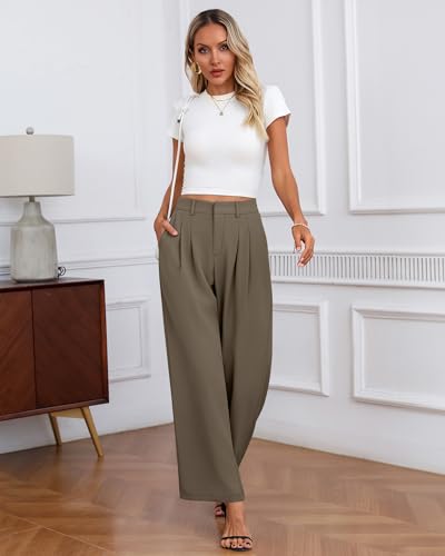 Neer Women's Wide Leg Dress Pants, High Waisted Elastic in The Back Work Trousers with Pockets Business Casual Office Slacks(Ash Brown,L)4