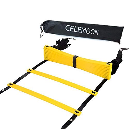 CeleMoon Upgraded Material 12-Rungs Agility Speed Training Ladder + Black Carry Case, with Connecting Snap, Ideal for Soccer, Football, Fitness, Feet Training, Yellow