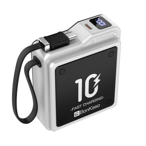 Image of Bonkaso 10000mAh 22.5W PD Power Bank with Inbuilt Type-C Cable, Digital Display, Metallic Silver Compact Portable Charger with Type-C Input & Output for Mobiles Tablets Earbuds