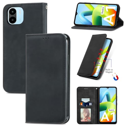 Cracedily Handyhülle für Xiaomi Redmi A2 / Redmi A1 Hülle Klapphülle Premium Lederhülle Klappbar Flip Case Tasche Magnet Kartenfach Standfunktion Klapphülle Schutzhülle für Redmi A2 Schwarz