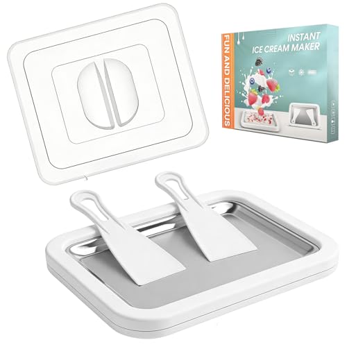 Rolled Ice Cream Maker Tray with Lid and 2 Scrapers, 304 Stainless Steel Ice Cream Roll Pan, 10.2 x 8.3 x 1.3 Inch Manual Instant Frozen Dessert Maker for DIY Ice Cream, Yogurt, Sorbet, Family Fun