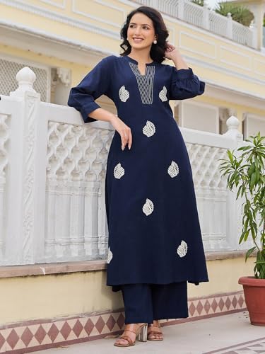 Image of INDO ERA Women's's Pure Cotton Embroidered Kurta Women | Floral Neck & Hem Embroidery | Cotton Kurta Women |