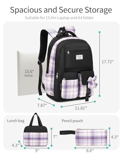 Image of 3 Packs Girls Backpack Teen Girls Bookbag with Lunch Box, Big Student School Backpack for Middle High School College Women Cute Schoolbag for Kids Teenage Back Pack, Black Purple