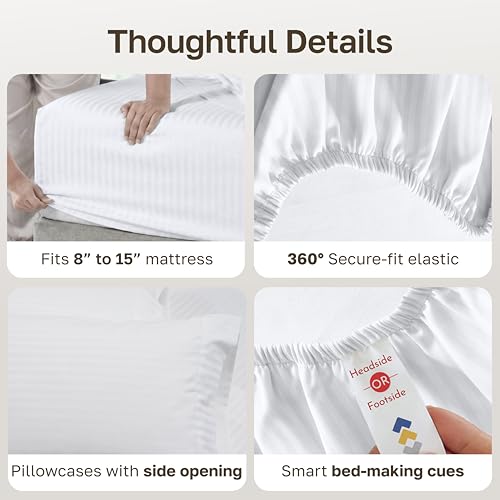 Image of California Design Den Soft 100% Cotton Twin Sheet Set, 400 Thread Count Good Housekeeping Award Winner, Silky Smooth Sateen Weave, Breathable and Durable Cotton Bedding Set - Striped White