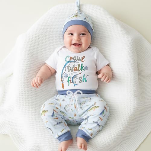 Image of Amnnchya Newborn Baby Boy Clothes Fishing Short Sleeve Romper Shirt Tops Pants Summer Spring Outfits Cute Hat Set