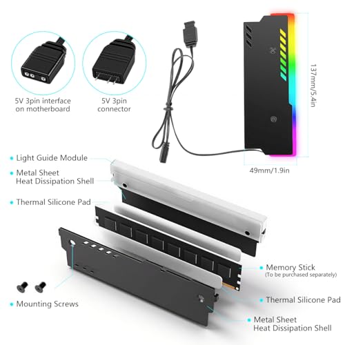 Image of ZORBES Desktop RAM Heatsink ARGB Aluminum Alloy Memory Heat Spreader 5V 3-Pin Addressable RGB, Motherboard Sync RAM Cooler for DDR4 /DDR5 Gaming PC Builds, 14x8x1.5cm