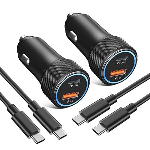 USB C Car Charger, 2 Pack PD20W Car Charger Dual Fast USB Car Charger Adapter for Samsung Galaxy S21 S20 S10, Note 20/10, C Port iPad Pro/Mini/Air, LG, Motorola, Google Pixel, iPhone-6.6ft type C cord