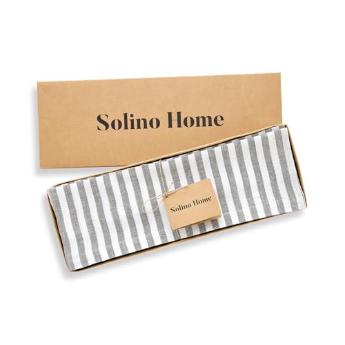 Image of Solino Home 100% Linen Placemats, 14 x 19 in, Grey, Amalfi Stripe, Set of 4 | protect and style the table setting, woven stripe, European flax fibres, mellows with every wash, soft, OEKO-TEX Certified