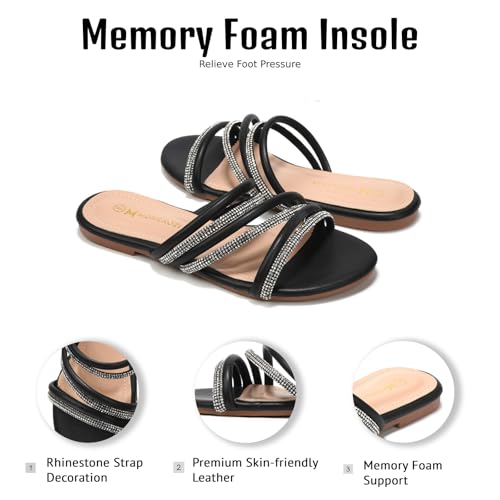 Women's Flat Sandals Rhinestone Strappy Slides With Soft Memory Foam Insole, Beach Leather Slippers Footwear for Summer Vacation2