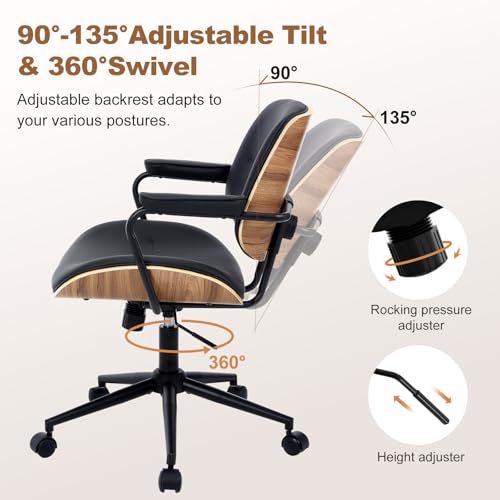 Image of Mid Century Modern Office Chair with Adjustable Backrest, Wooden Desk Chair with Armrests, Swivel Height Adjustable Home Office Chair, Comfortable Task Chair for Home Office, Black