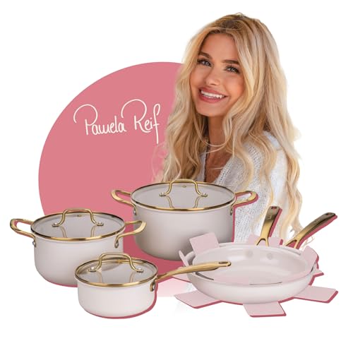 Fackelmann x Pamela Reif 10-teiliges Topf- und Pfannen-Set – gepresstes Aluminium, pastell beige, inkl. Pfannenschutz, für alle Herdarten geeignet