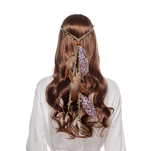 Peacock Feather Hippie Headband Accessories - AWAYTR Bohemia Tribal Indian Hippie Headpiece Braided Beads Headwear Festival Hair Decoration (Pink+beige)