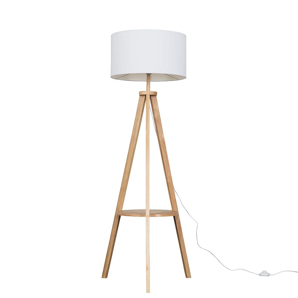Valuelights Unisex White Morrigan Natural Wood Tripod Floor Lamp And Fabric Drum Shade And Bulb In