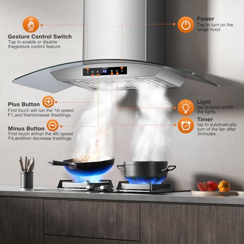 Image of 30 Inch Wall Mount Range Hood 1200CFM, 4-Speed Wall Mount Range Hood with Touch Control & Gesture Sensing Stainless Steel Kitchen Stove Vent Hoods with 2 LED Lights
