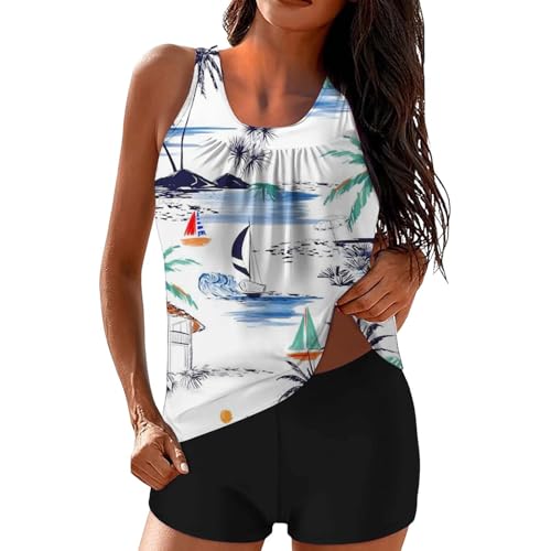Traje de baño tankini de 2 piezas con estampado floral para mujer, traje de baño atlético con cintura alta, traje de baño modesto para mujer, camiseta sin mangas de verano para playa, 02-2-blanco, L