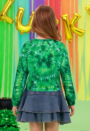 Image of Big Girl's St.Patrick's Lucky Irish Long Sleeve Crop Tops Shamrock Soft Funny Shirt Tie Dye 12 Years