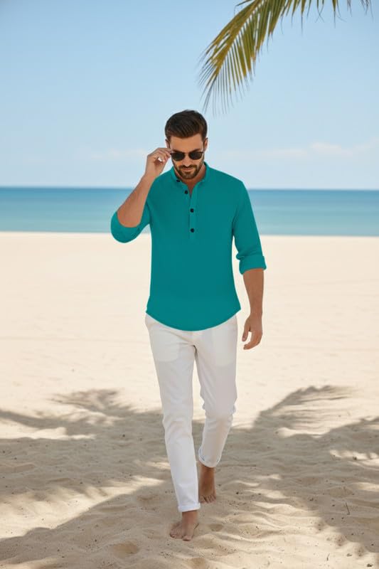 Image of Men's Cotton Blend Short Kurta with Collared Neck Full Sleeves Solid Pattern Western Style Regular Fit and Standard Length