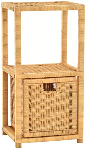 Badregal schmal stehend mit einem Korb Standregal Klein Bad Natur Rattan Regal 2 Ablagen Flur (Regal mit 1 Schub, Honig) Cover
