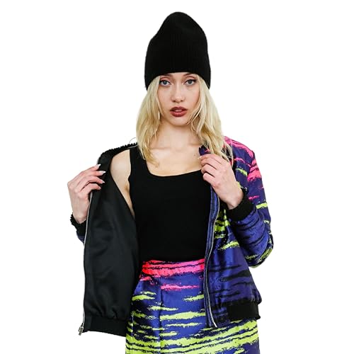 Alchemy & Sorcery Women's Rory Bomber Jacket, Colorful Jacquard Pattern, Purple with Pink and Green, y2k, Neon, 90s Fashion3