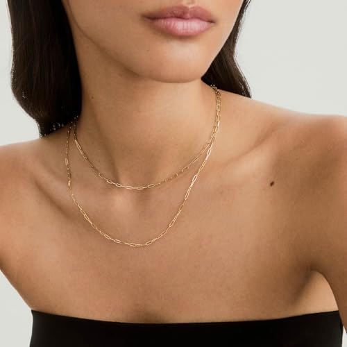 14K Gold Paperclip Necklace, Real Gold Rectangular Link Chain 2.5mm, 16-24 Inches for Women Men, Hypoallergenic, Non-Tarnish, Dainty Layering Minimalist Jewelry3
