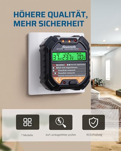 DEWENWILS Steckdosentester mit RCD-Prüfung und LCD-Voltage-Display, 6 Arten von Fehlerdiagnose, Leckspannungs- und Stromanzeige, FI Test, 48-250V/45-65Hz, CAT ll 300V