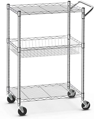 Giantex 3-Tier Rolling Utility Cart, Kitchen Island Cart on Wheels, with Handle Bar, Adjustable Shelves, Wire Mesh Microwave Cart for Utensils or Tableware, Commercial Grade Serving Cart (Silver)