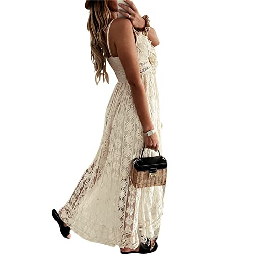 Yassiglia Womens Casual Floral Lace Beach Dress Bohemian Style V-Neck Spaghetti Strap Backless Long Sundress for Beach Vacation S-XL (Beige, XXL) - Image 3