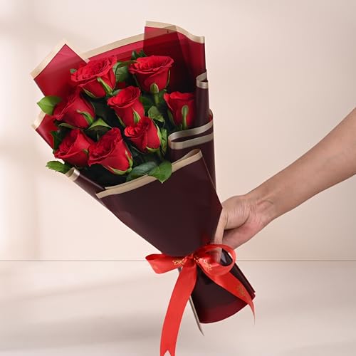 Image of FlowerAura Premium Fresh Live Flower Bouquet of 8 Red Roses In Designer Paper Gift For Birthday | Anniversary | Love | Home Decor | Fathers Day Gift For Dad