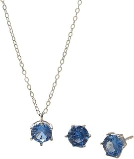 Silver Necklace Set With Birthstones & Stud Earrings - Women's Gift