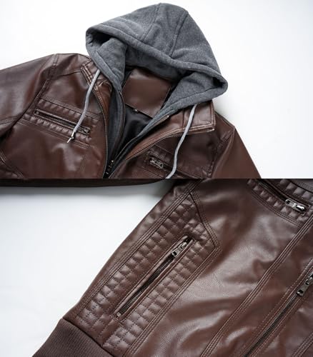 Image of FTIMILD Men's Leather Jacket Motorcycle Jacket Windproof PU Vintage Bomber Jacket with Removable Hood