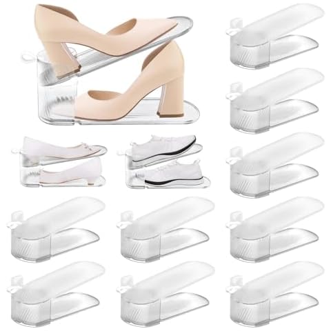 HINMAYGO 12Pack Clear Shoe Slots Organizer, 3 Levels Adjustable Height Shoe Stacker Double Layer Shoe Racks, Space Saving Sneakers Display Tray Rack Storage Shoe Organizer Holder for Closet Cover