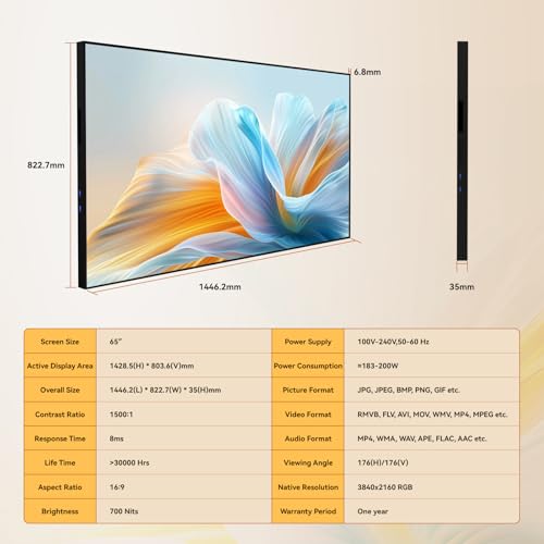 Image of Digital Signage Display 65 inch Wall Mount Digital Menu Board for Restaurants and Stores Advertising Screen 700 nits Ultra-High Brightness 4K UHD Free Web Content Editor Android 4GB + 32GB